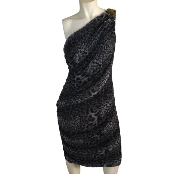 TADASHI SHOJI Evening Dress, XL, Grey Animal Print, Jeweled One Shoulder, Ruched - Picture 8 of 15